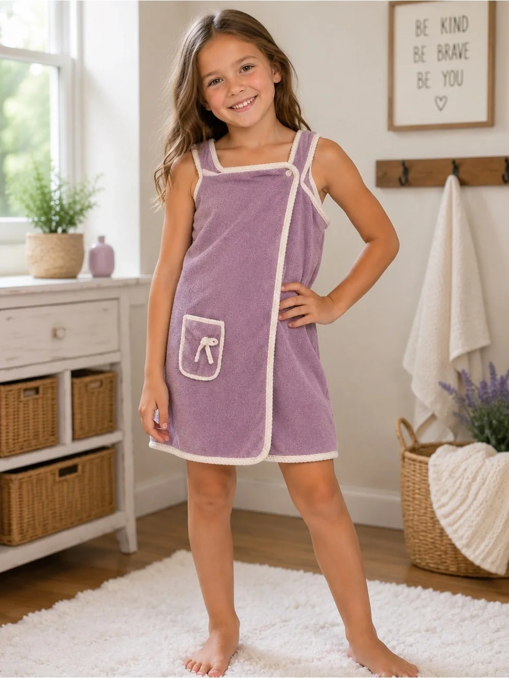 Kids Lavender Terry Wrap Dress with Cream Trim